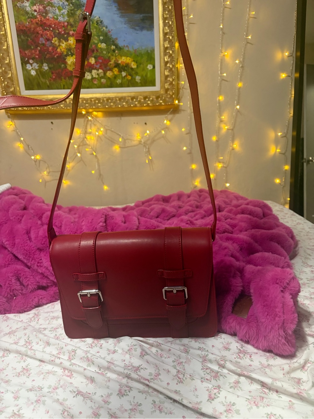 Classic Red Leather Crossbody Satchel - Women's Bag